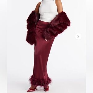 Keep It Classy Satin Feathered Maxi Skirt - Burgundy